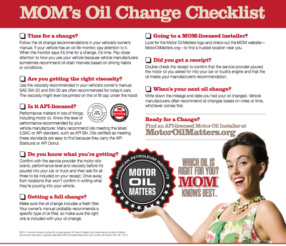 MOM's Oil Change Checklist